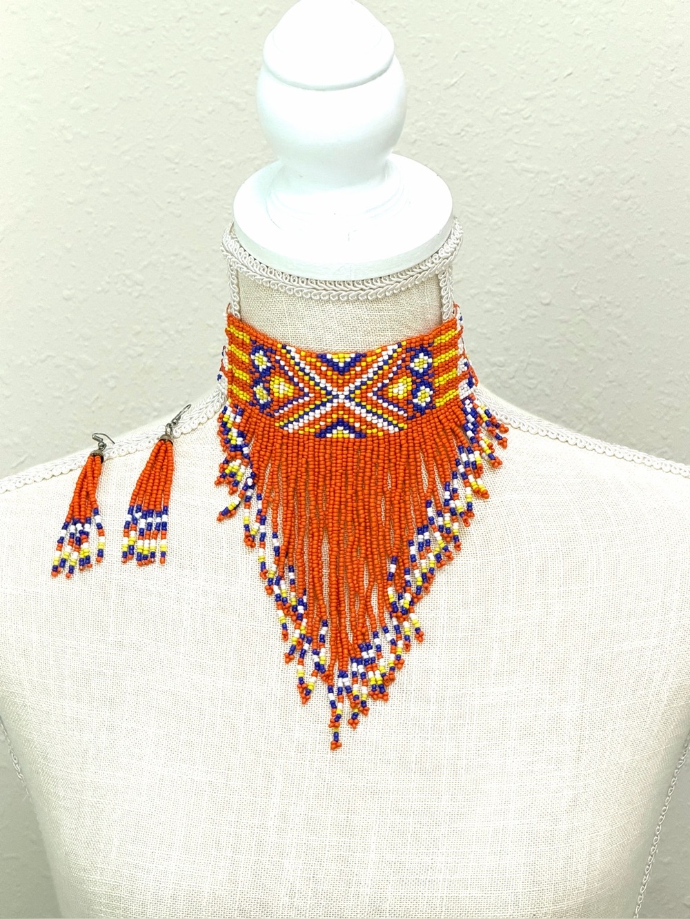 Handmade Orange Seed Bead Fringe Choker Necklace with Matching Earrings